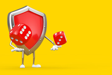 Poster - Red Metal Protection Shield Character Mascot with Red Game Dice Cubes in Flight. 3d Rendering
