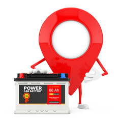 Aufkleber - Map Pointer Pin Character Mascot and Rechargeable Car Battery 12V Accumulator with Abstract Label. 3d Rendering