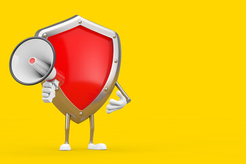 Aufkleber - Red Metal Protection Shield Character Mascot with Red Retro Megaphone. 3d Rendering