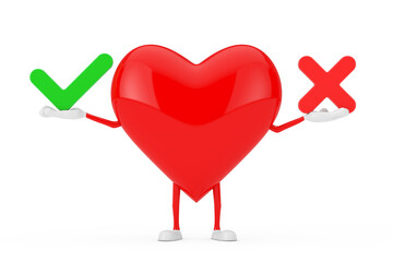 Aufkleber - Red Heart Character Mascot with Red Cross and Green Check Mark, Confirm or Deny, Yes or No Icon Sign. 3d Rendering