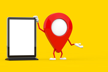 Aufkleber - Red Map Pointer Target Pin Character Mascot with Blank Trade Show LCD Screen Display Stand as Template for Your Design. 3d Rendering
