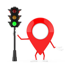 Poster - Map Pointer Pin Character Mascot with Traffic Green Light. 3d Rendering