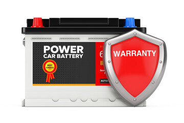 Poster - Rechargeable Car Battery 12V Accumulator and Abstract Label with Red Metal Protection Warranty Shield. 3d Rendering