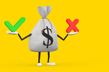 Aufkleber - Tied Rustic Canvas Linen Money Sack or Money Bag and Dollar Sign Character Mascot with Red Cross and Green Check Mark, Confirm or Deny, Yes or No Icon Sign. 3d Rendering