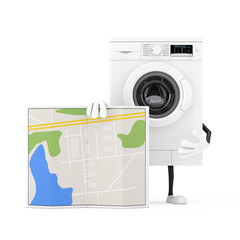 Aufkleber - Modern White Washing Machine Character Mascot with Abstract City Plan Map. 3d Rendering