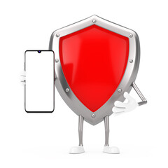 Aufkleber - Red Metal Protection Shield Character Mascot and Modern Mobile Phone with Blank Screen for Your Design. 3d Rendering
