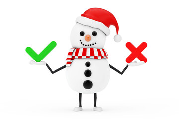 Aufkleber - Snowman in Santa Claus Hat Character Mascot with Red Cross and Green Check Mark, Confirm or Deny, Yes or No Icon Sign. 3d Rendering