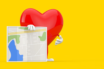 Poster - Red Heart Character Mascot with Abstract City Plan Map. 3d Rendering