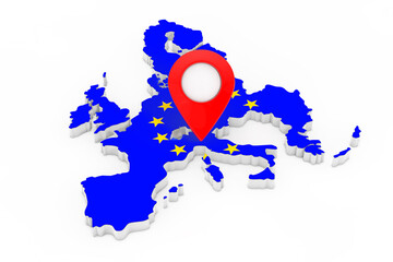 Leinwandbilder - Map Pointer Pin over Map with European Union Flag. 3d Rendering