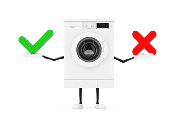 Aufkleber - Modern White Washing Machine Character Mascot with Red Cross and Green Check Mark, Confirm or Deny, Yes or No Icon Sign. 3d Rendering