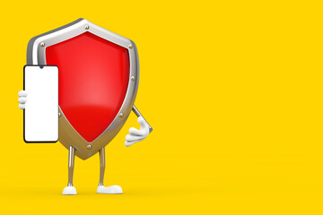 Aufkleber - Red Metal Protection Shield Character Mascot and Modern Mobile Phone with Blank Screen for Your Design. 3d Rendering