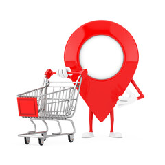 Poster - Map Pointer Pin Character Mascot with Shopping Cart Trolley. 3d Rendering