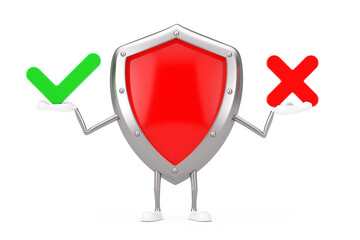 Aufkleber - Red Metal Protection Shield Character Mascot with Red Cross and Green Check Mark, Confirm or Deny, Yes or No Icon Sign. 3d Rendering