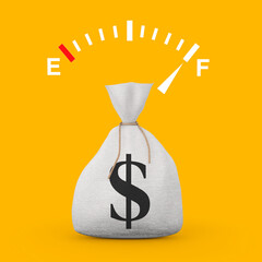 Aufkleber - Fuel Dashboard Gauge Sign Showing a Full Tank near of Tied Rustic Canvas Linen Money Sack or Money Bag with Dollar Sign. 3d Rendering