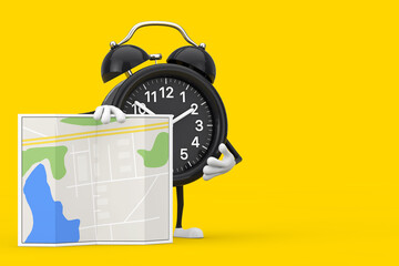 Leinwandbilder - Alarm Clock Character Mascot with Abstract City Plan Map. 3d Rendering