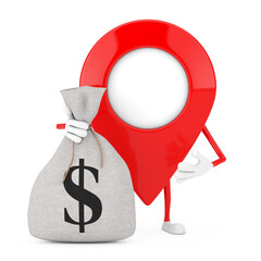Poster - Map Pointer Pin Character Mascot with Tied Rustic Canvas Linen Money Sack or Money Bag with Dollar Sign. 3d Rendering