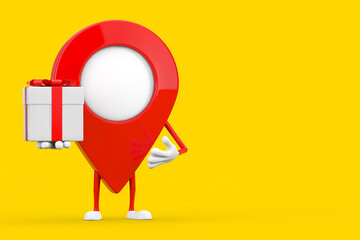 Poster - Map Pointer Pin Character Mascot with Gift Box and Red Ribbon. 3d Rendering