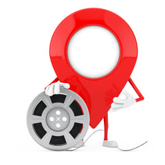 Poster - Map Pointer Pin Character Mascot with Film Reel Cinema Tape. 3d Rendering