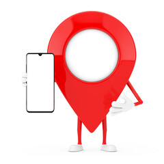 Fototapete - Map Pointer Pin Character Mascot and Modern Mobile Phone with Blank Screen for Your Design. 3d Rendering