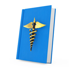 Poster - Medical Publication Concept. Golden Fountain Writing Pen as Gold Medical Caduceus Symbol over Blue Medical Book. 3d Rendering