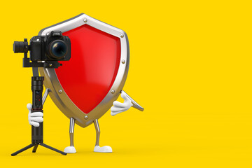Leinwandbilder - Red Metal Protection Shield Character Mascot with DSLR or Video Camera Gimbal Stabilization Tripod System. 3d Rendering