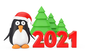 Aufkleber - Green Trees and Cartoon Penguin Character with Santa Hat near 2021 New Year Sign. 3d Rendering