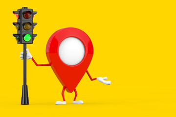 Poster - Map Pointer Pin Character Mascot with Traffic Green Light. 3d Rendering