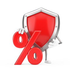 Fototapete - Red Metal Protection Shield Character Mascot with Red Retail Percent Sale or Discount Sign. 3d Rendering