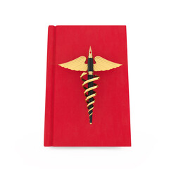 Poster - Medical Publication Concept. Golden Fountain Writing Pen as Gold Medical Caduceus Symbol over Red Medical Book. 3d Rendering