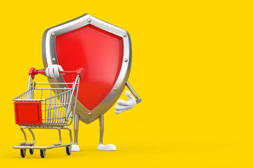 Aufkleber - Red Metal Protection Shield Character Mascot with Shopping Cart Trolley. 3d Rendering