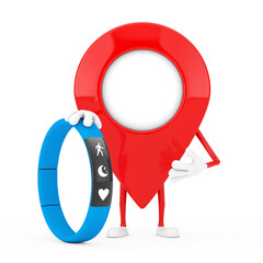 Poster - Map Pointer Pin Character Mascot with Blue Fitness Tracker. 3d Rendering
