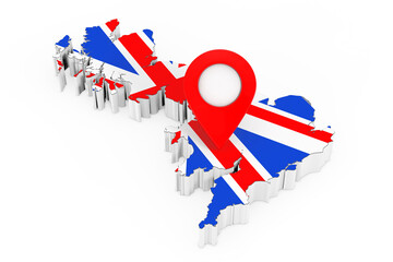 Leinwandbilder - Red Map Pointer Pin over United Kingdom Map with Flag. 3d Rendering