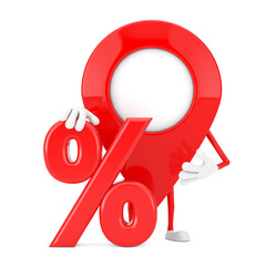 Fototapete - Red Map Pointer Target Pin Character Mascot with Red Retail Percent Sale or Discount Sign. 3d Rendering