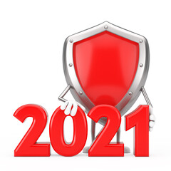 Aufkleber - Red Metal Protection Shield Character Mascot with 2021 New Year Sign. 3d Rendering