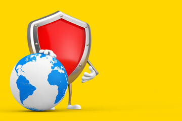 Aufkleber - Red Metal Protection Shield Character Mascot with Earth Globe. 3d Rendering