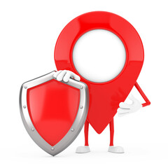 Leinwandbilder - Red Map Pointer Target Pin Character Mascot with Red Metal Protection Shield. 3d Rendering
