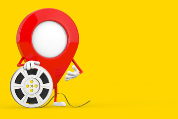 Poster - Map Pointer Pin Character Mascot with Film Reel Cinema Tape. 3d Rendering