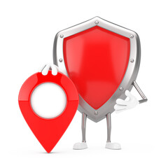 Leinwandbilder - Red Metal Protection Shield Character Mascot with Red Map Pointer Target Pin. 3d Rendering