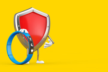 Aufkleber - Red Metal Protection Shield Character Mascot with Blue Fitness Tracker. 3d Rendering