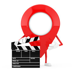 Aufkleber - Map Pointer Pin Character Mascot with Movie Clapper Board. 3d Rendering