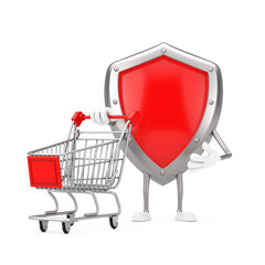 Aufkleber - Red Metal Protection Shield Character Mascot with Shopping Cart Trolley. 3d Rendering