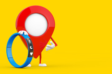 Poster - Map Pointer Pin Character Mascot with Blue Fitness Tracker. 3d Rendering