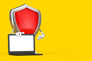 Aufkleber - Red Metal Protection Shield Character Mascot with Modern Laptop Computer Notebook and Blank Screen for Your Design. 3d Rendering