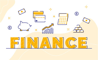 Wall Mural - finance typography word art money piggy bank credit card calculator gold with outline style