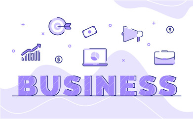 Wall Mural - business typography word art plan target growth chart money bank laptop speaker briefcase with outli