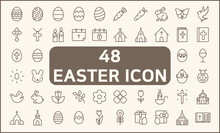 Set Of 48 Easter And Christianity Icons Line Style. Contains Such Icons As Eggs, Religion, Bunny, Gifts, Spring, Rabbit, Celebration, Decoration, Church And Other Elements.