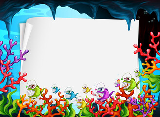 Wall Mural - Blank paper banner with exotic fish and undersea nature elements on the underwater background