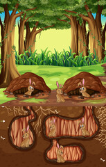 Sticker - Underground animal hole with many brown rabbits