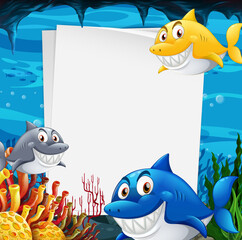 Wall Mural - Blank paper template with many sharks cartoon character in the underwater scene