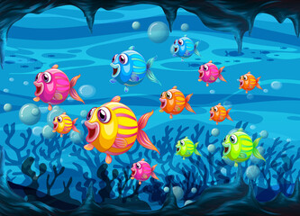 Wall Mural - Many exotic fishes cartoon character in the underwater background